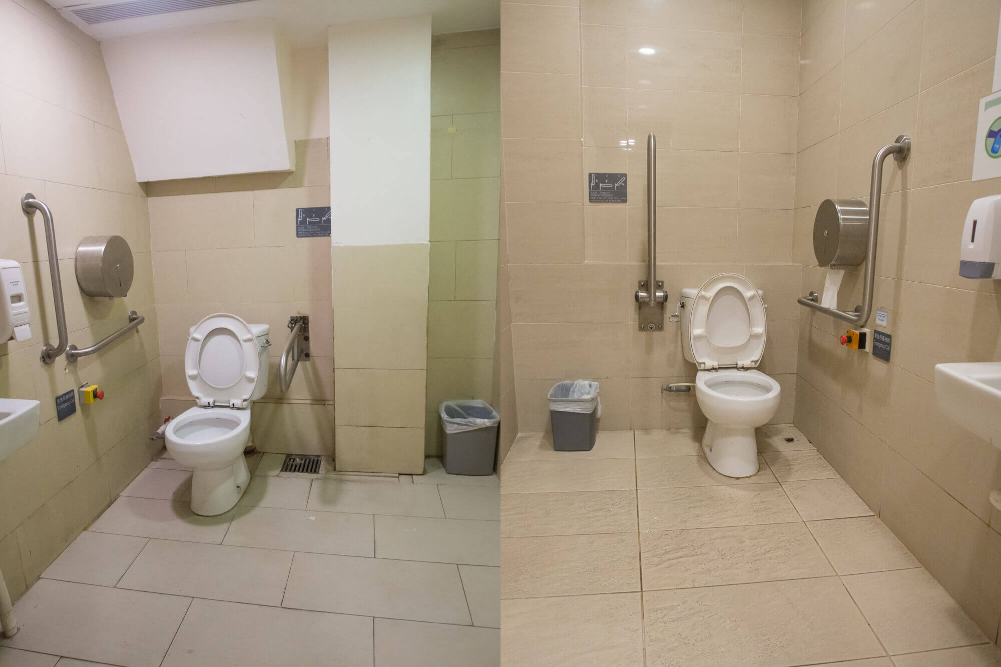 美利樓地下的洗手間（左）赤柱廣場L1的洗手間（右）